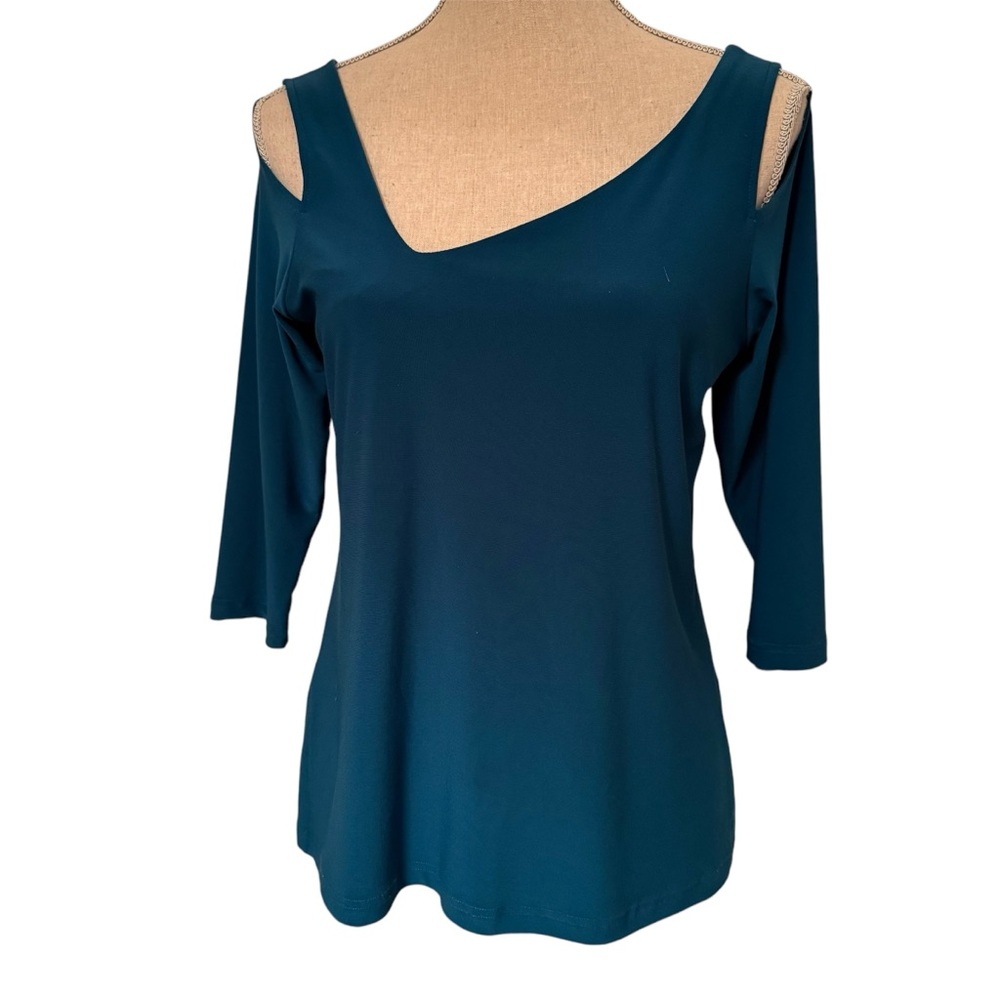 SYMPLI TOP TEAL GREEN BLUE OFF CENTER V-NECK COLD SHOULDER 3/4 SLEEVE SIZE 8